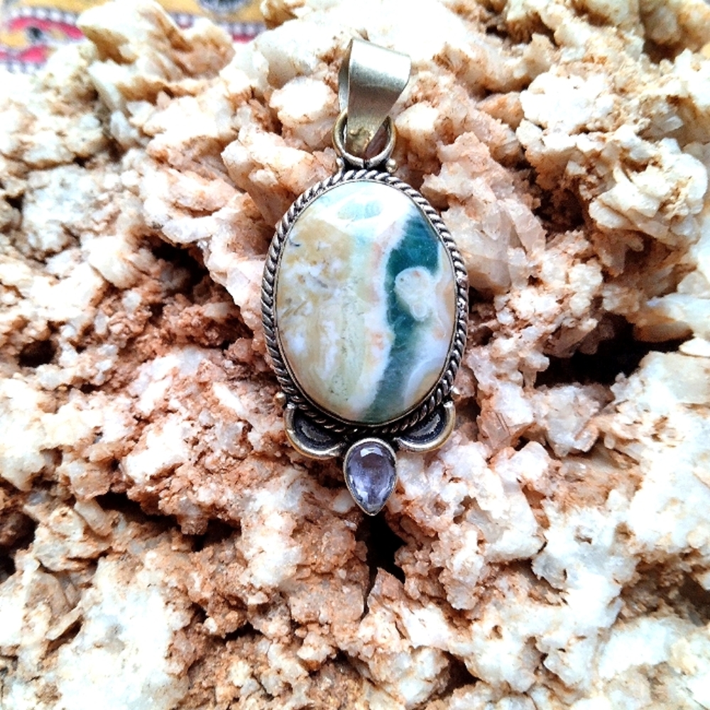 Ocean Jasper and amethyst necklace pendant
